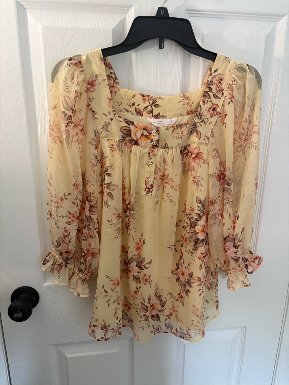 LC Lauren Conrad Pale Yellow Floral Square-Neck Blouse